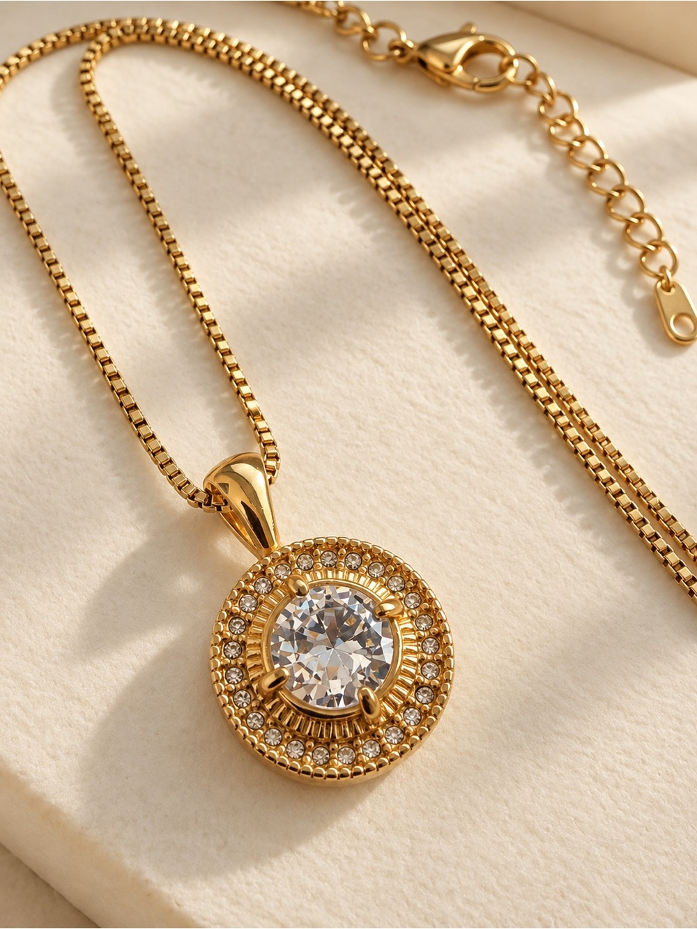 18k Gold Plated Halo Pendant Necklace with Clear Crystal Center - Women Jewelry